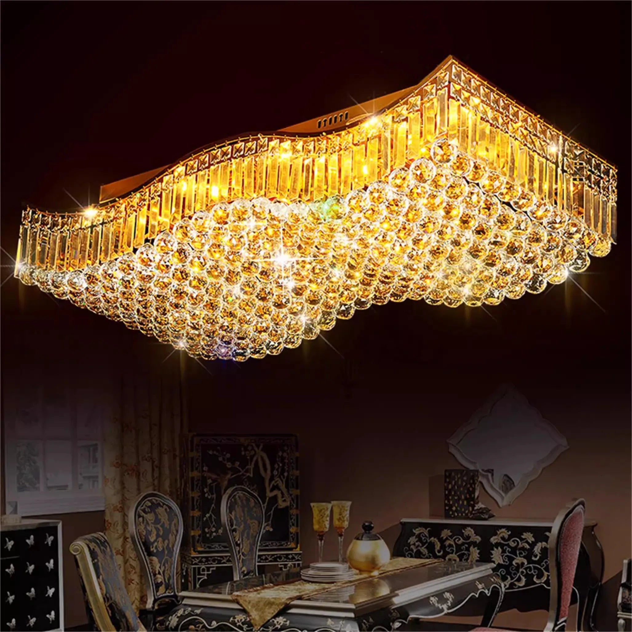 Oblong Golden Crystal Ceiling Lamp Modern Gold Wave Ceiling