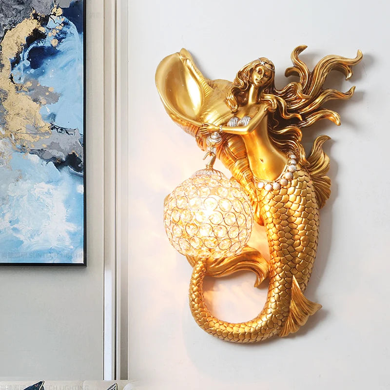 European Gold Mermaid Wall Lamp for Living Room Shell Led Wall Sconce