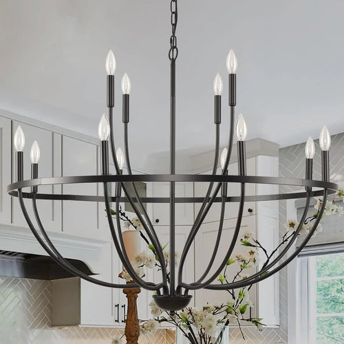 Black Chandelier 12-Light Industrial Iron Candle Chandelier Modern