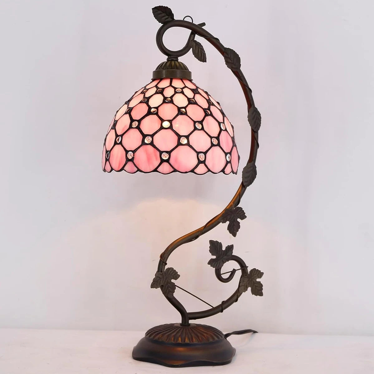Tiffany Table Lamp Pink Stained Glass Pearl Style Desk