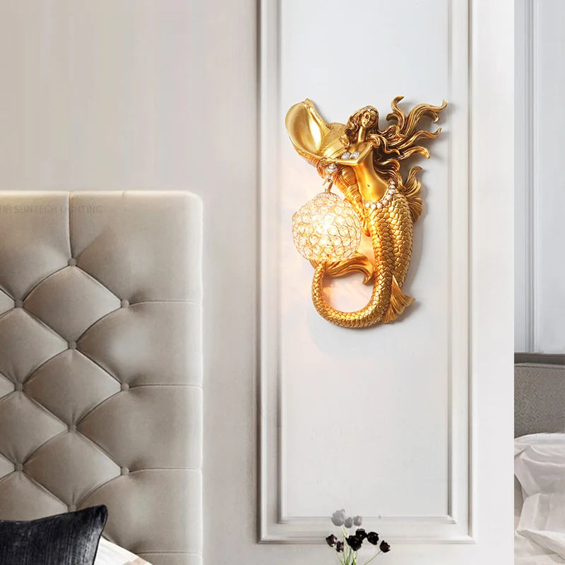 European Gold Mermaid Wall Lamp for Living Room Shell Led Wall Sconce