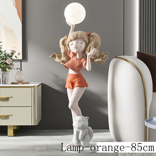 Young Girl Statue Human Shaped Ornament with LED Lamp or Plate for