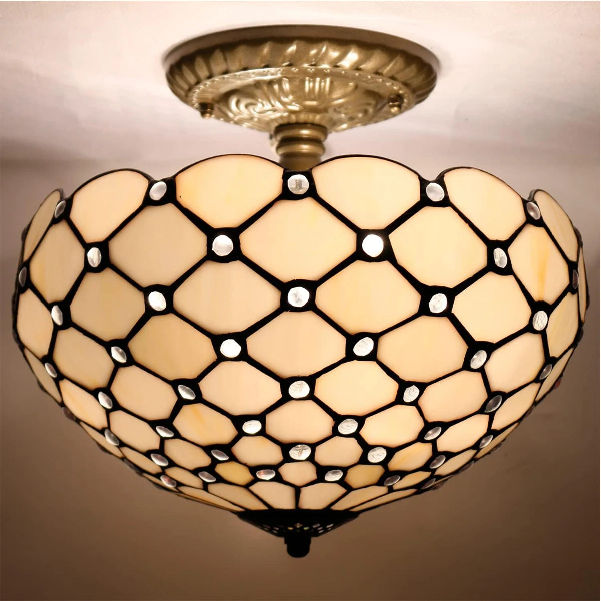 Tiffany Ceiling Light Fixture Cream Amber Stained Glass
