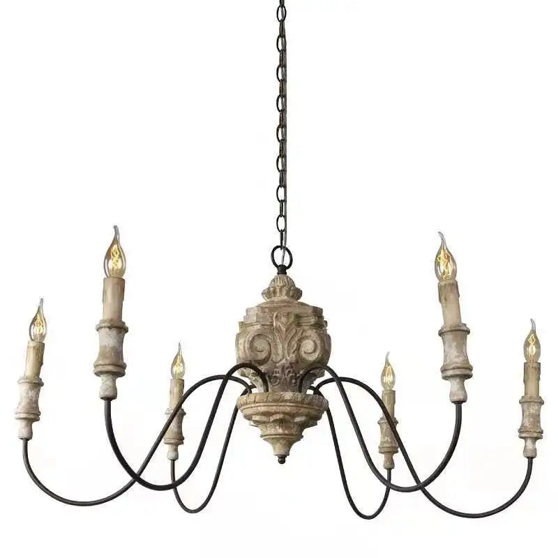 American Rural French Solid Wood Chandelier Carving Retro Vintage