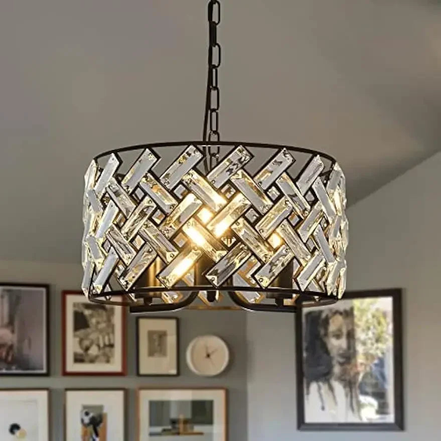 Light Modern Black Drum Crystal Chandelier Hanging Pendant Lighting