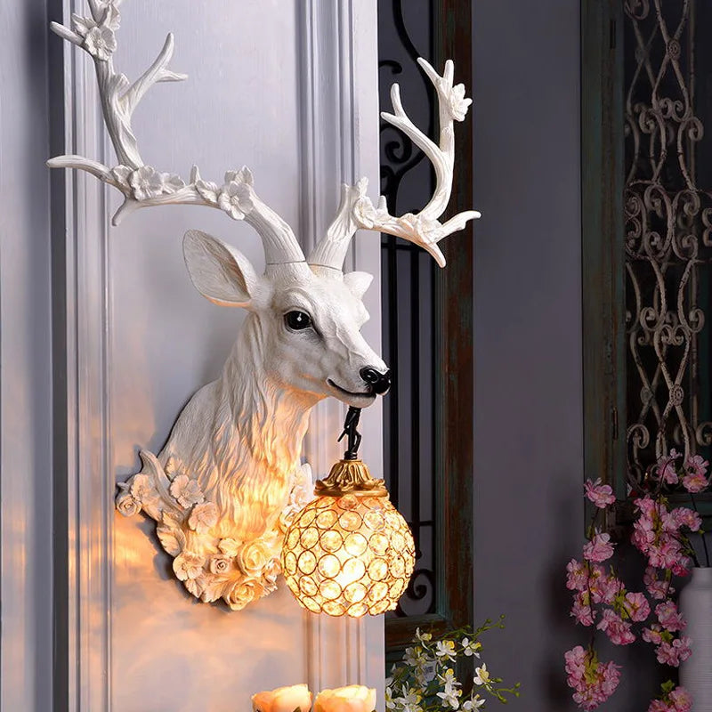 American Lucky Deer Head Wall Lamp Retro Resin Deer Horn Wall Lights