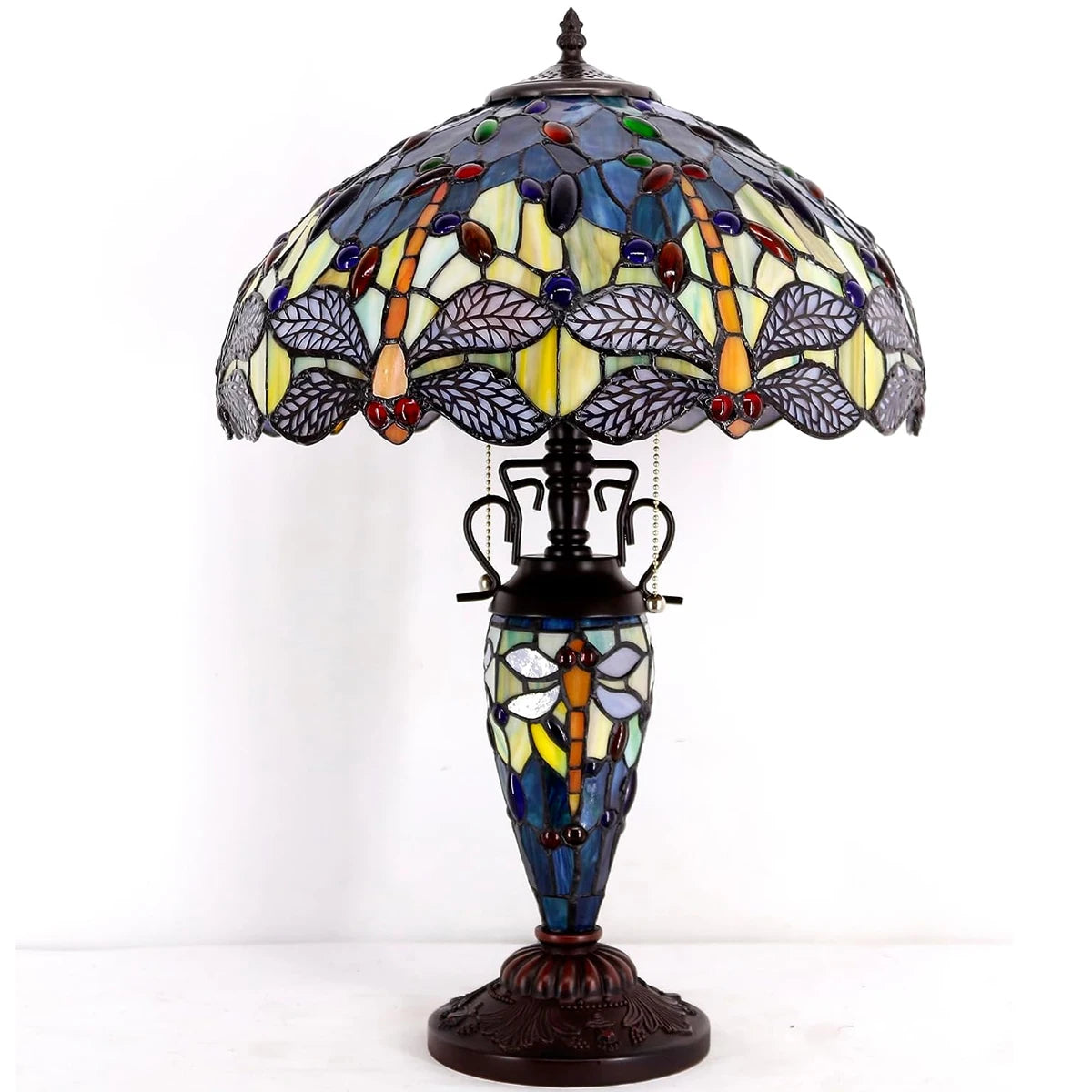 Tiffany Table Lamp Sea Blue Yellow Stained Glass Dragonfly