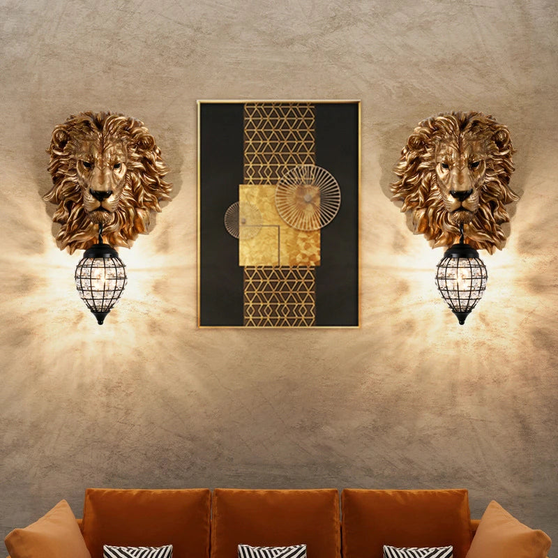 American Retro Creative Lion Head Wall Lamp Resin Led Wall Lamp Living