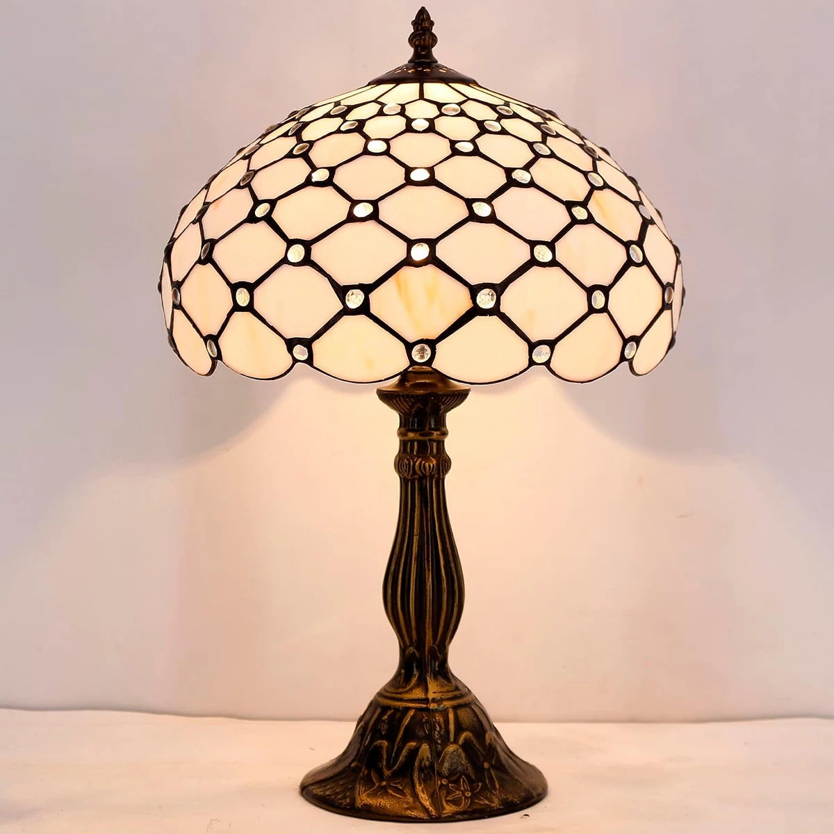 Tiffany Lamp Cream Amber Stained Glass Bead Table Lamp Desk