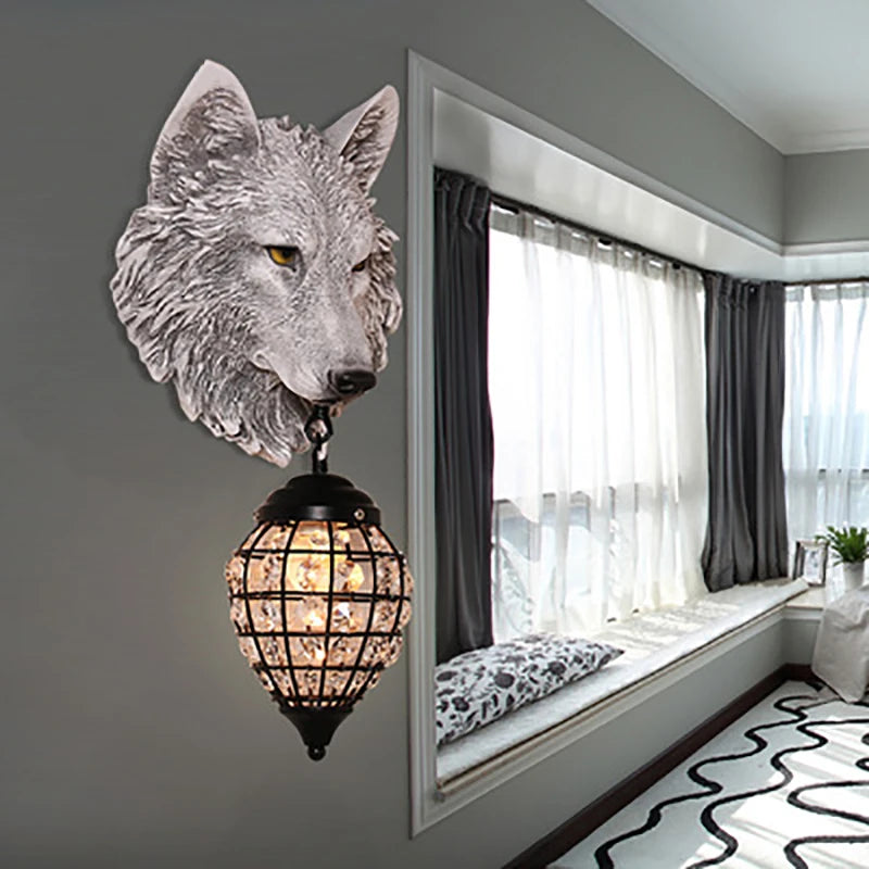 American Retro Resin Wolf Wall Lamp Animal Wall Lights Living Room