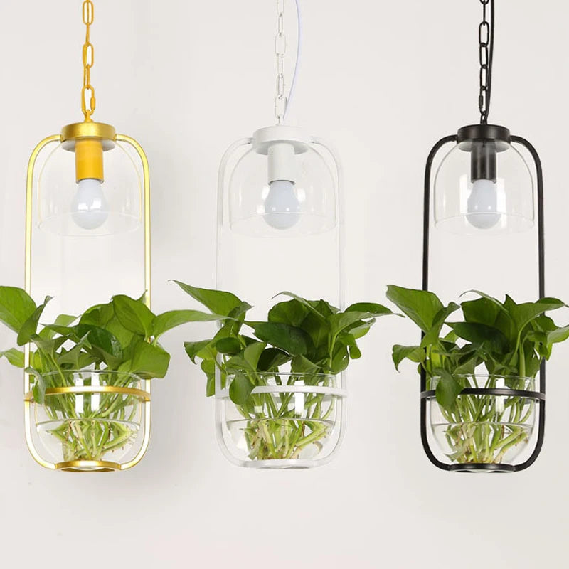 Vintage Plant Led Pendant Lights Iron Glass Hanging Lamp for Living