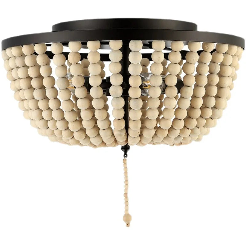 American country handmade wooden bead ceiling lamp bedroom study retro