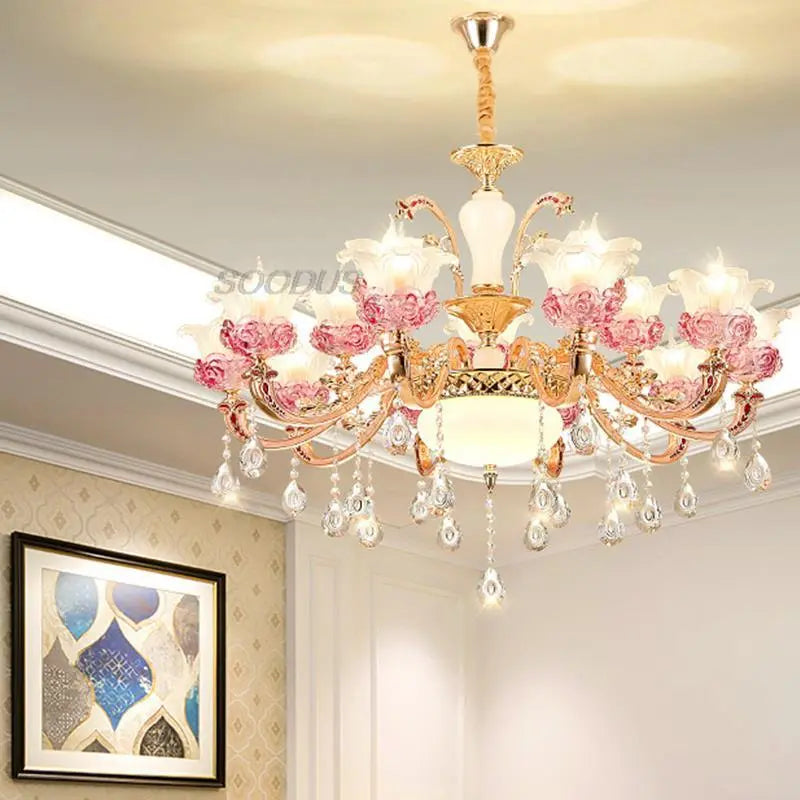 Chandelier Ceiling Lamp Led Luxury Modern Pink Crystal Home Deco
