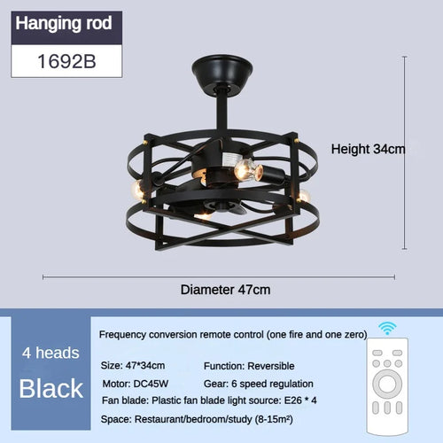 Black Retro Ceiling Fans Iron Art Living Room Bedroom Winter and