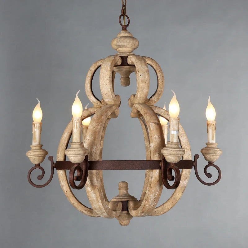 6 light Rustic Wood chandelier vintage white french style hanging