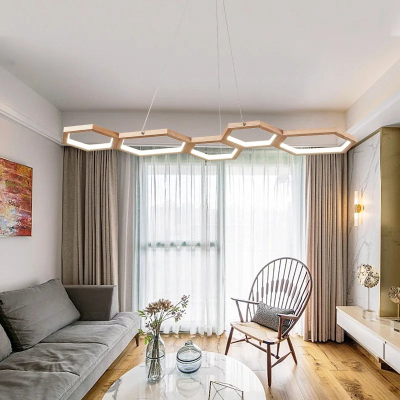 Nordic modern Wood Led Chandelier Hexagonal Pendant Lamp For Living