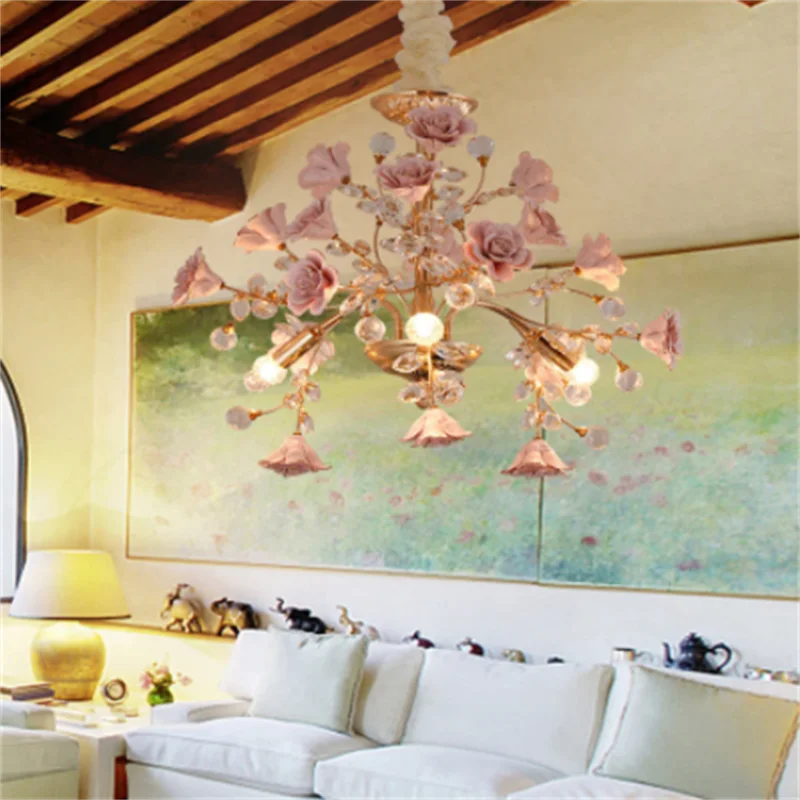 Bedroom Light Luxury Crystal Chandelier European Style Branch Peach