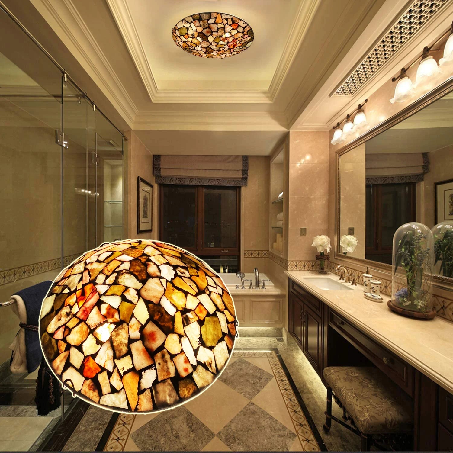 Ceiling Light Stained Glass Flush Mount 16 Inch 3-Light Natural Stone