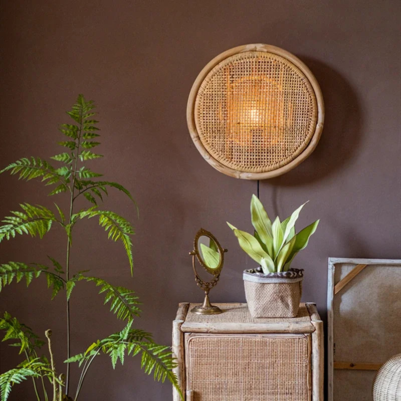 Rattan Wall Lamp Japanese Bamboo Wood Wall Lamp For Living Room