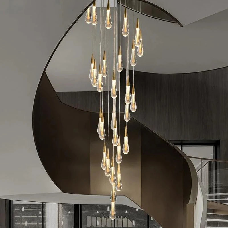 Golden Droplet Chandelier for staircase luxury hallway long spiral