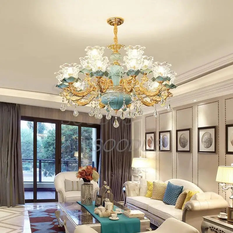 Chandelier Luxury Crystal Blue Ceramic For Living Room Ceiling Lamp