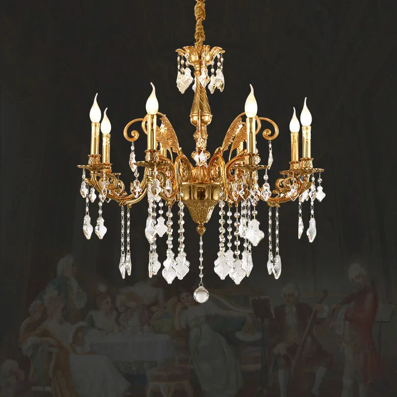 European Rococo Copper Crystal Candle Pendant Light Living Room Hotel