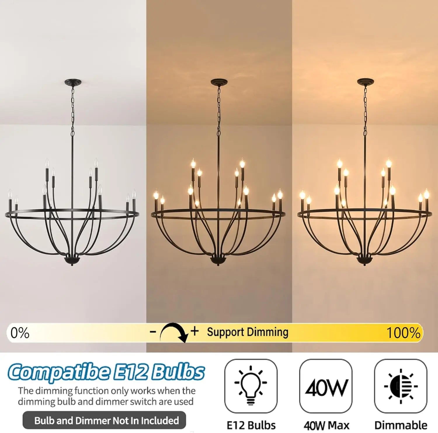 Black Chandelier 12-Light Industrial Iron Candle Chandelier Modern