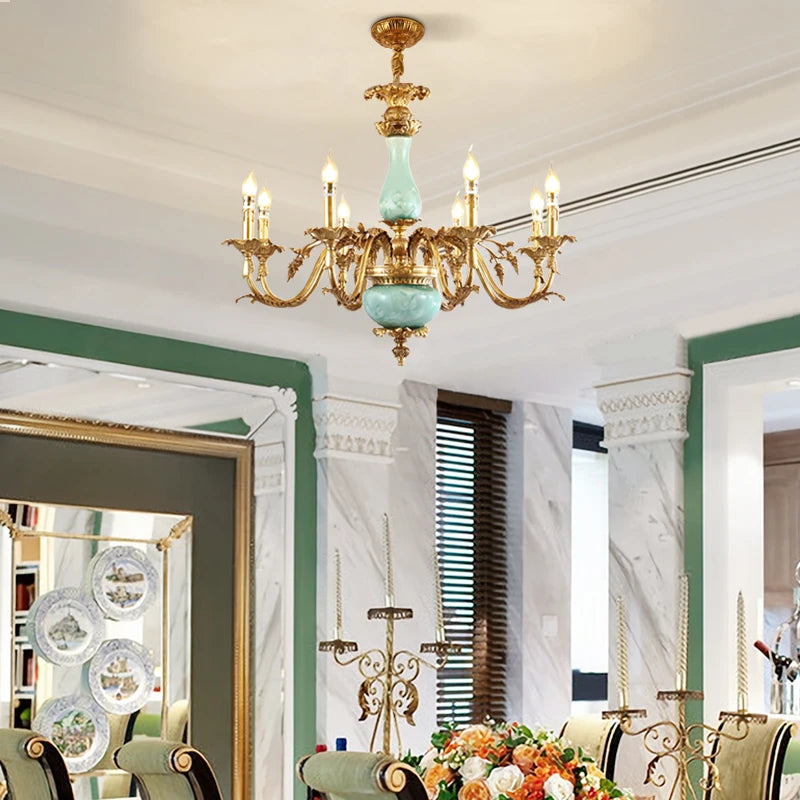 European Elegant Living Room Ceramic Copper Chandelier French Vintage