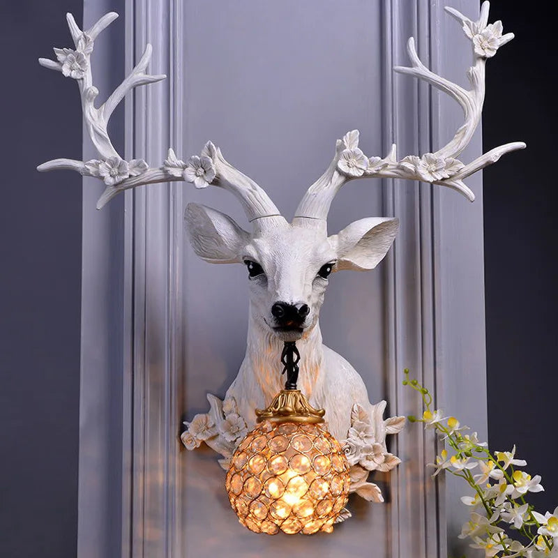 American Lucky Deer Head Wall Lamp Retro Resin Deer Horn Wall Lights