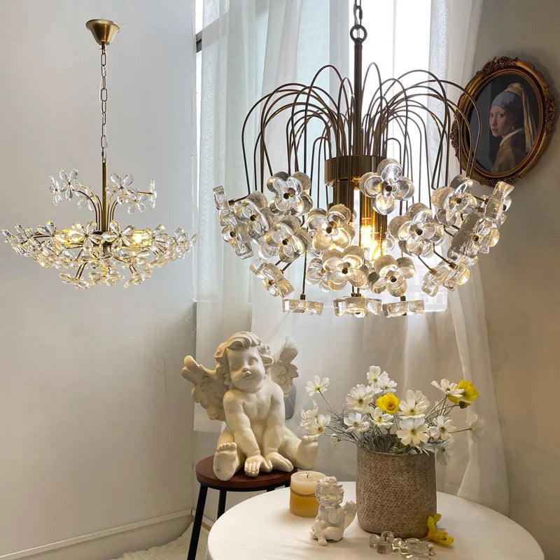 Retro French Pastoral Antique Petal Luxury Glass Iron Chandelier for