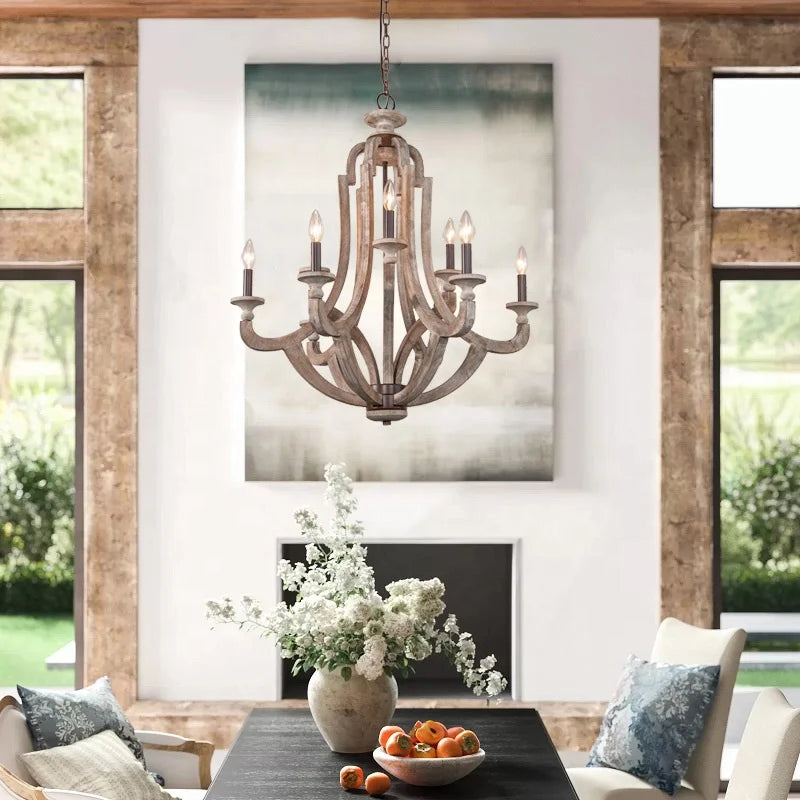 Farmhouse wood chandelier candle style lamp 9-lights rustic villa