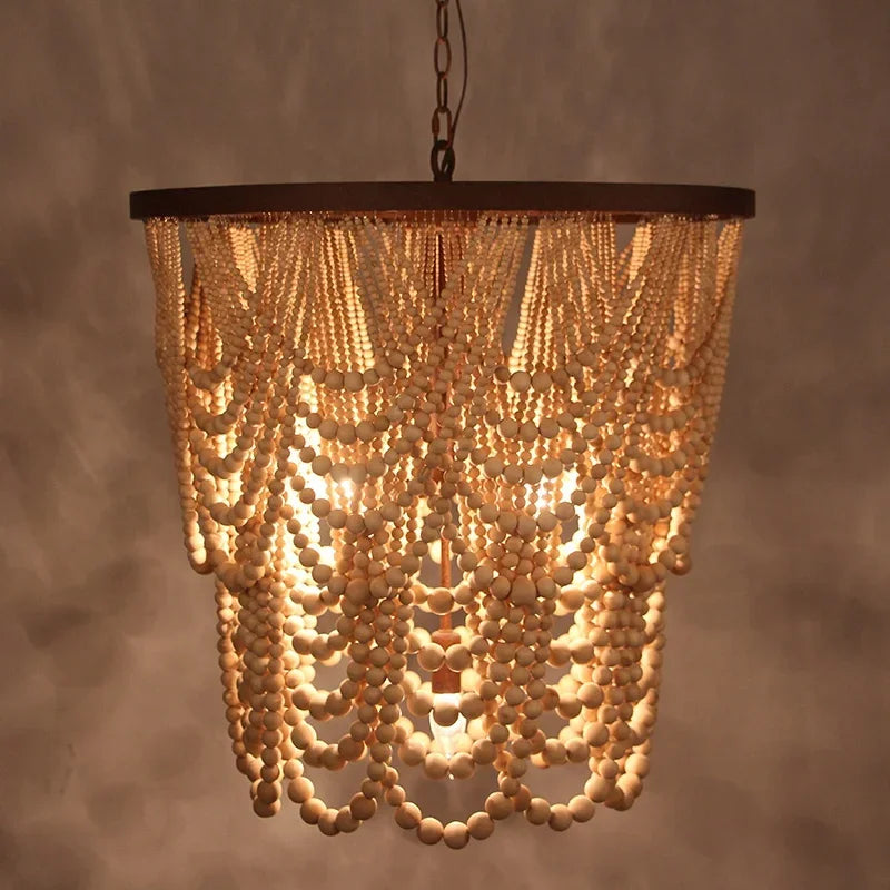 New Classic Wood Beads Pendant Lamp, Vintage Rustic Iron Chandelier