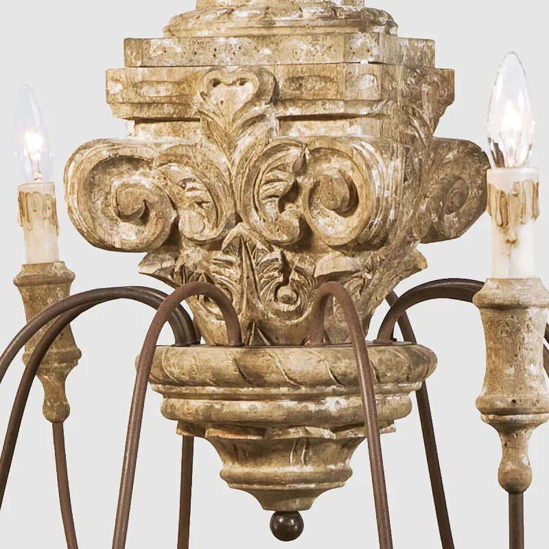 American Rural French Solid Wood Chandelier Carving Retro Vintage