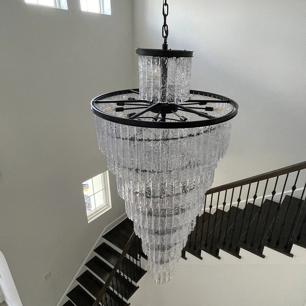 Large black led chandelier for staircase spiral design glass light
