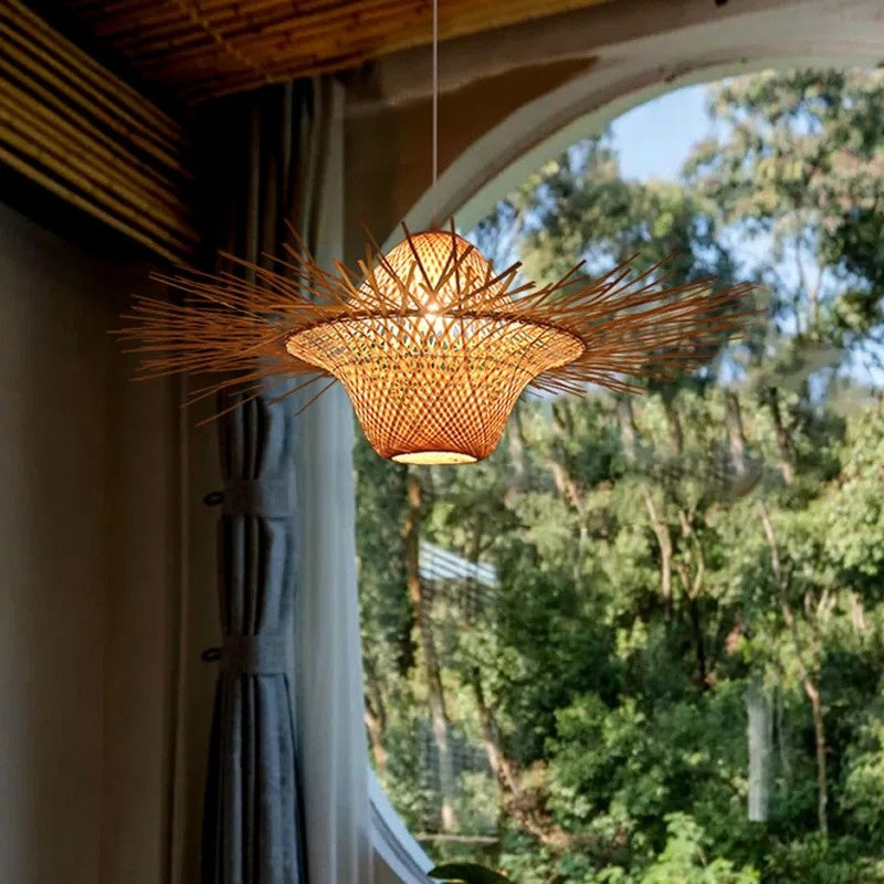 Bamboo Wicker Rattan Disk Pendant Light Fixture Art Deco Country