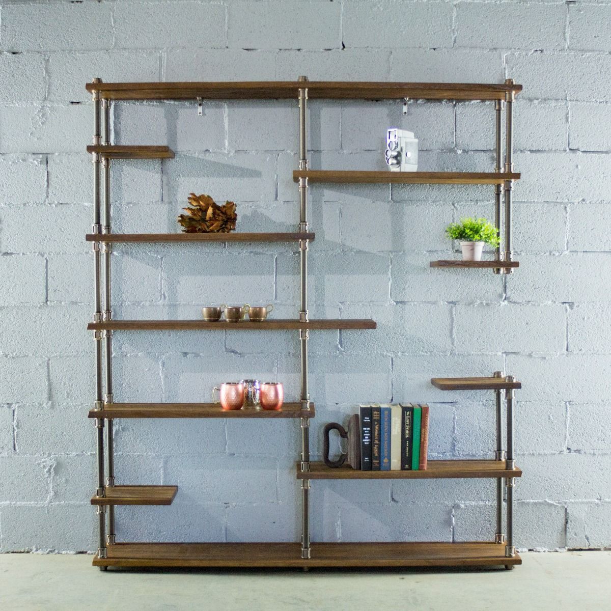 Open Eleven Shelf Industrial Pipe Bookcase