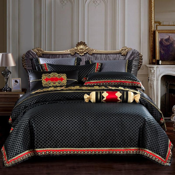 Golden Silk Cotton Luxury Satin Jacquard Bedding Set Queen King Size W