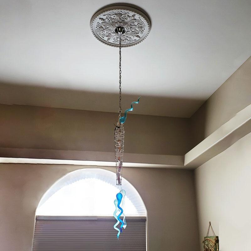 Nordic Style Aqua Blue Glass Chandelier Light Large Long Chain Blown Glass Chandelier Light Fixture for  Staircase