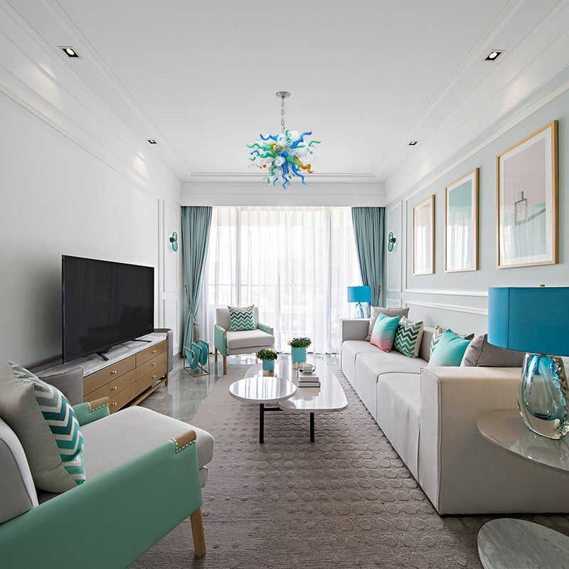 Nordic Art Glass Chandelier Lighting Aqua Blue Teal Small Chandeliers for Bedroom Living Room