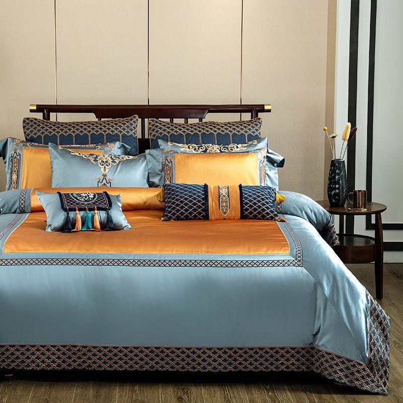 Elegant Faux Silk Luxury Large Jacquard With Embroidery Golden Bedding set Duvet Cover Bedspread Bed Sheet Set