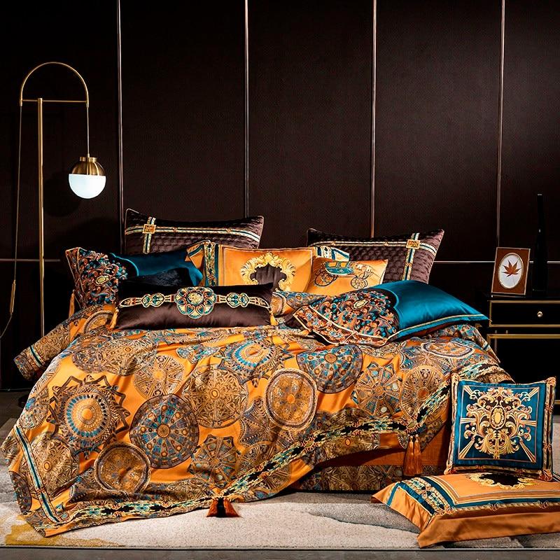 Elegant Faux Silk Luxury Large Jacquard With Embroidery Golden Bedding set Duvet Cover Bedspread Bed Sheet Set