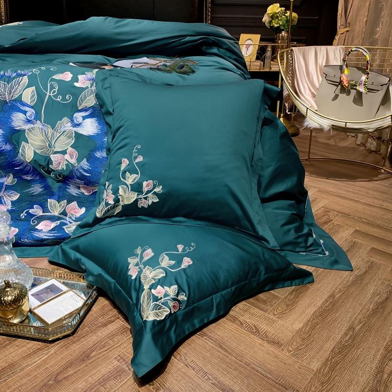 Green Peacock Embroidery Duvet Set