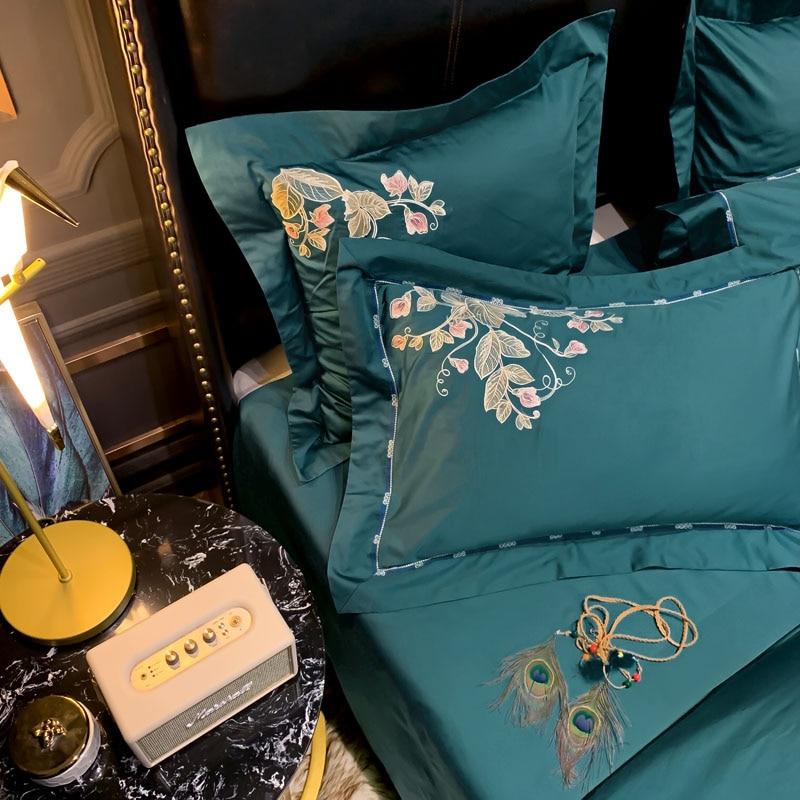 Green Peacock Embroidery Duvet Set