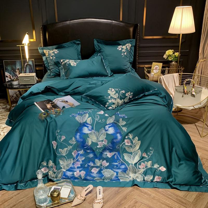 Green Peacock Embroidery Duvet Set