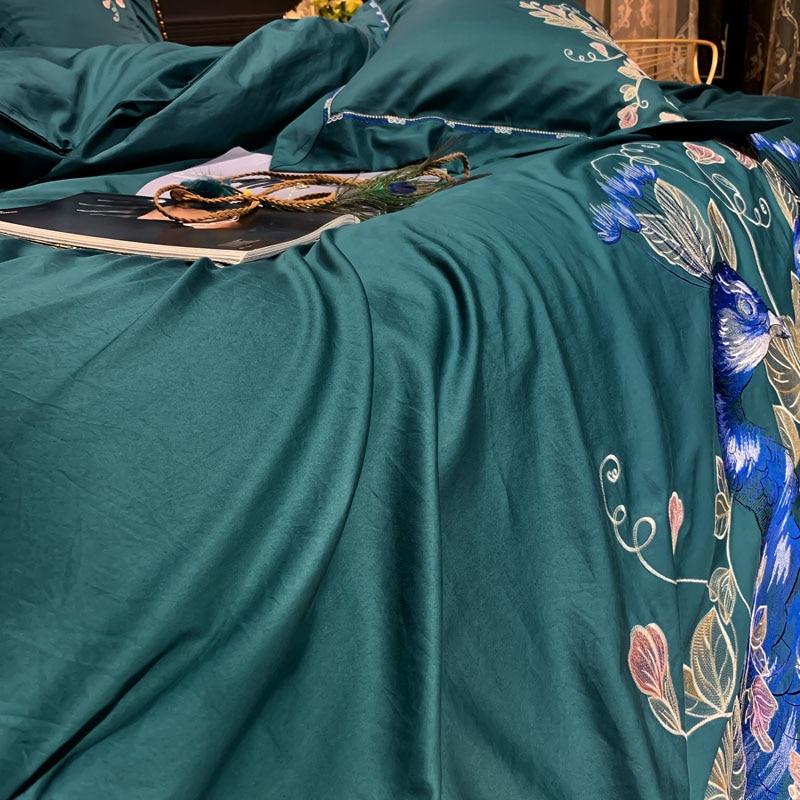 Green Peacock Embroidery Duvet Set