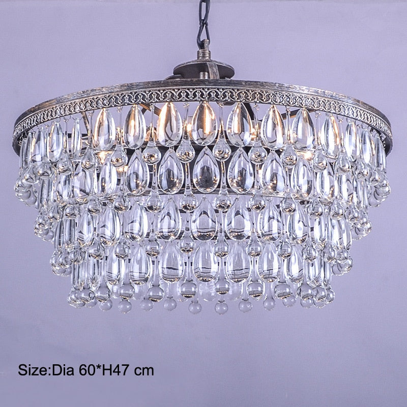 Vintage Big Glass Drops Led Crystal Iron Lustres Chandeliers Pendants For Kitchen Living Room Bedroom