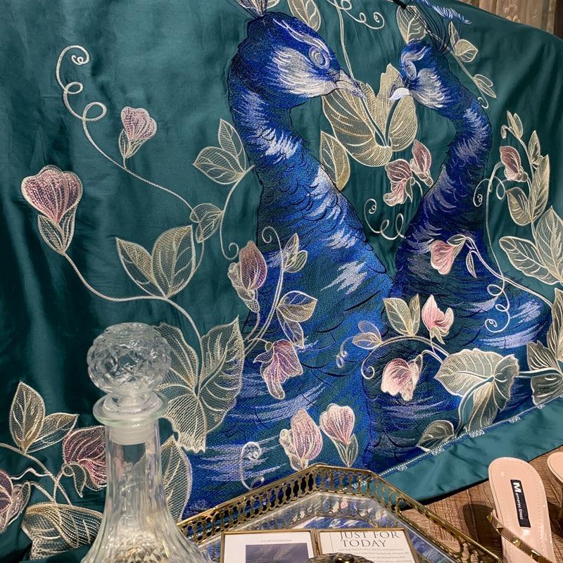 Green Peacock Embroidery Duvet Set