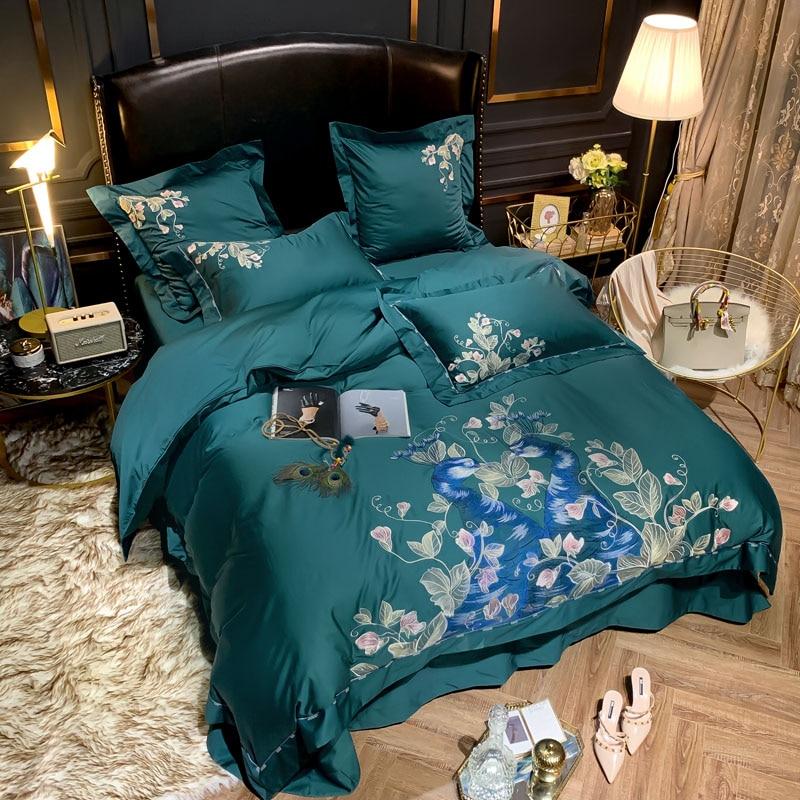 Green Peacock Embroidery Duvet Set