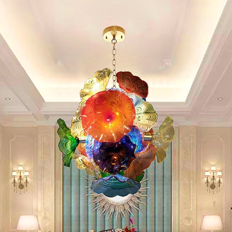 Modern Hand Blown Glass Chandelier Murano Art Light Flower Plates Lamp Home Living Room Decoration