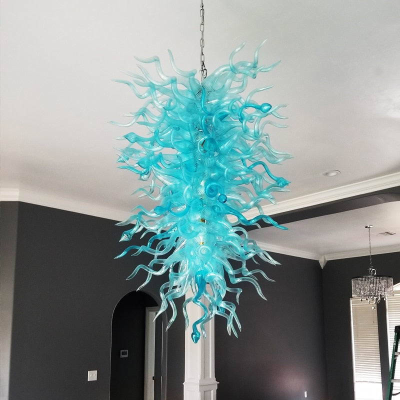 Nordic Style Aqua Blue Glass Chandelier Light Large Long Chain Blown Glass Chandelier Light Fixture for  Staircase